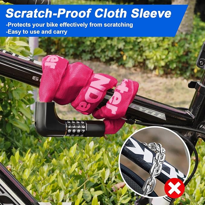 NDakter Upgrade Bike Chain Lock with 4 Digit Combination and 2 Keys, 3.2/4.28 Ft Heavy Duty Anti-Theft Bicycle Lock, 2 Ways to Unlock High Security Scooter Locks for Ebike, Escooter, Door