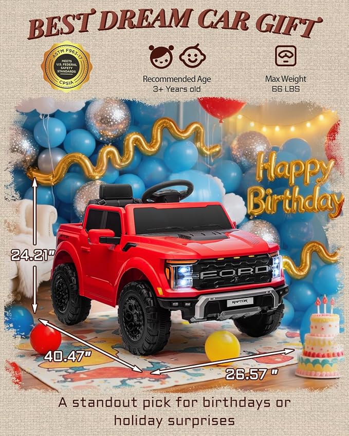 First Ride On Licensed Ford F-150 Raptor 12 Volt Kids Ride on Car, Ride on Toys for Kids with Remote Control, Electric Vehicle for Toddler with Smooth Start, Truck Bed Storage, Bluetooth (Red)