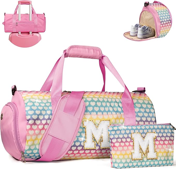 Gift for 3 4 5 6 7 8 Year Old Girl, Girls Travel Duffel Bag, Kids Initial Overnight Bags with Shoe Compartment, Personalized Weekender Bag with Makeup Pouch, Sister Birthday Gifts (Letter M)