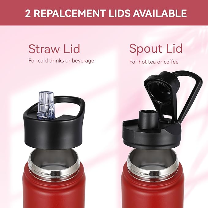 HASLE OUTFITTERS Insulated Water Bottle Kids 16 oz Double Wall Vacuum Stainless Steel Water Bottle Leak Proof for School Wide Mouth with Straw Lid & Spout Lid Keeps Cold and Hot(Red,1pack)