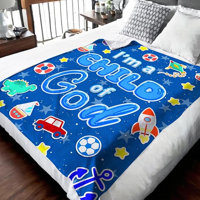 Christian Blanket for Boys, I am a Child of God Throw Blanket Gifts for Kids Boys Age 4-6, 40"x50" Cozy Fuzzy Blue Cute Flannel Inspirational Blankets Gift Throws for Couch Sofa Bed Decor