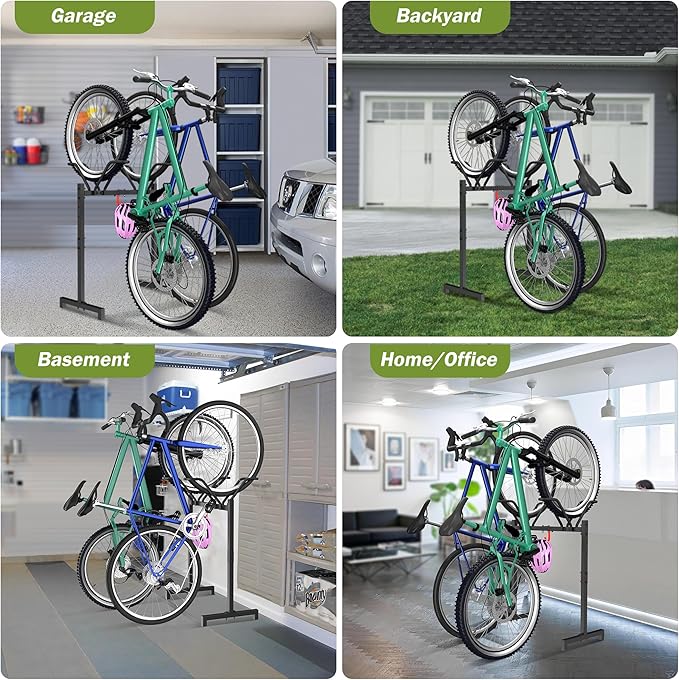2 Bikes Floor Stand,Adjustable Bicycle Parking Rack with Hook for Garage/Indoor/Outdoor,Metal Cycle Storage Organizer Rack for Road Bikes