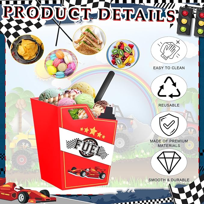 Uiifan 12 Sets Race Fuel Can Ice Cream Bowls Spoon Set Plastic Racing Car Frozen Yogurt Cups with Spoon Race Car Party Decorations for Kids Racing Theme Birthday Baby Shower Party Favors Supplies