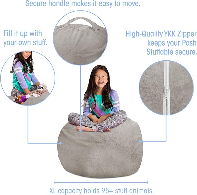 Posh Creations Stuffable Kids Stuffed Animal Storage Bean Bag Chair Cover - Childrens Toy Organizer, Large 38" - Soft Faux Rabbit Fur Gray