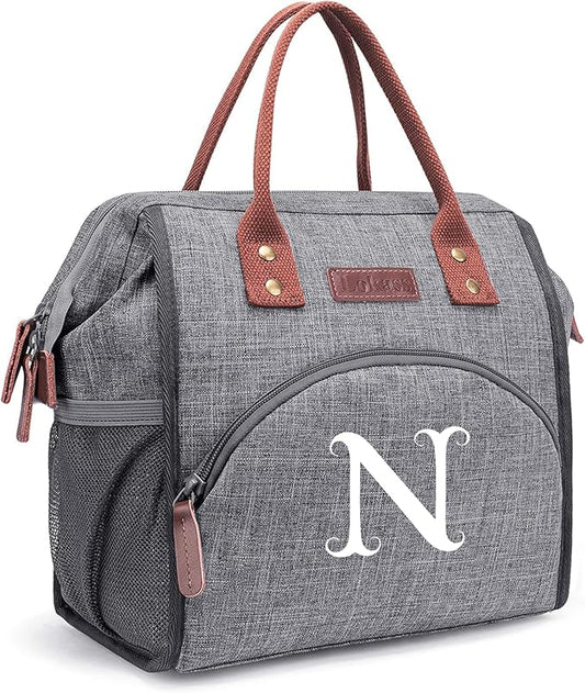 Personalized Lunch Box for Women, Initial Reusable Insulated Lunch Bag, Wide-Open Adult Lunchbox Cooler Lunchbag, Leakproof Lunch Tote for Picnic Work Outdoors, Christmas Gift for Women, Grey - N