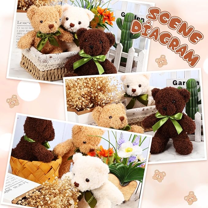 HyDren 30 Pcs Stuffed Animals Plush Bears Gifts Bulk Sleeping Playing Bear Toys with Bow Tie for Birthday Baby Shower Graduation Christmas Wedding Party Favor(10 Inch,White, Brown, Dark Brown)