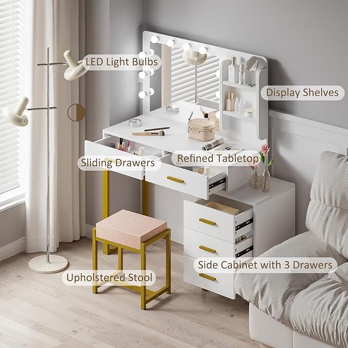 Makeup Vanity Desk with Mirror with Lights,Vanity with Lighted Mirror,3 Lighting Modes Adjustable,Vanity Desk with 5 Storage Drawers,Vanity Set with Bench