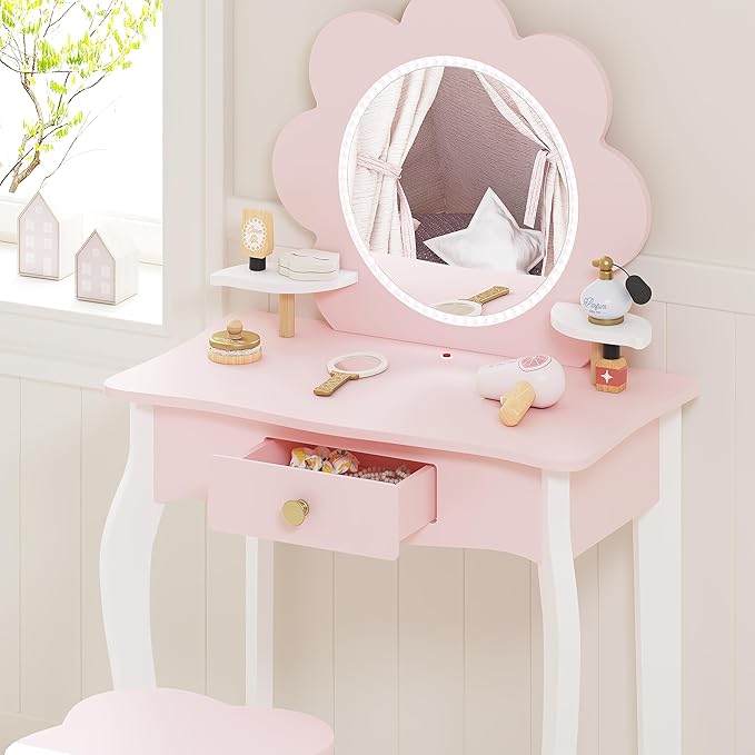 Spirich Kids Vanity, Girls Vanity Set with Mirror and Stool and Lights, Kids Vanity Table and Chair Set, Wooden Princess Makeup Desk Dressing Table (Flower Shape with LED Strip)