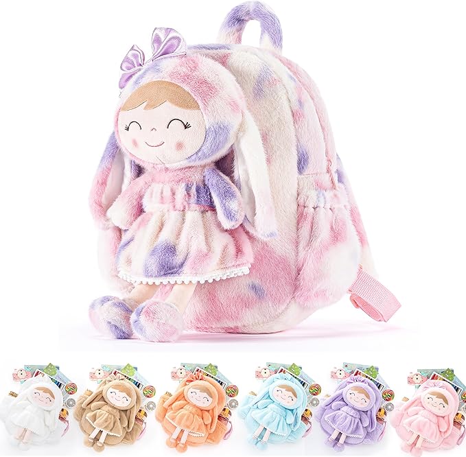 Gloveleya Back to School Gifts for Girls Backpack Plush Diaper Bag Detachabale Doll Tie-dye Purple and Soft Rabbit Design Aged 2+
