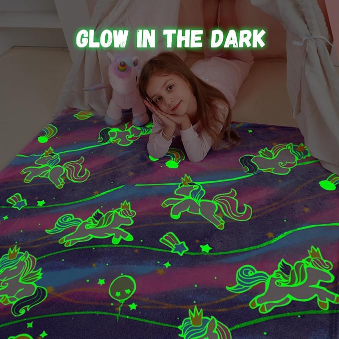 Unicorns Gifts Toys for Girls,Glow in The Dark Unicorns Blanket, Birthday Presents Decor for Kids Age 3-14 Year Old Daughter Teen Child Toddler Luminous Christmas Bedroom Throw Blanket 50"x60"