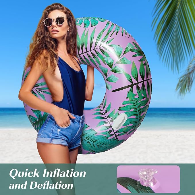 HeySplash Pool Tubes for Adult, 42 Inch Large Pool Floats with Handles, Inflatable Swim Rings Lounge, Hawaii Fun Swim Floaties Swimming Pool Beach Lake River Party Decoration Toys, Pink+Green Leaves