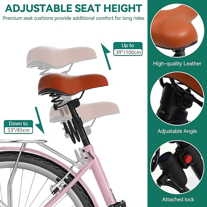 YITAHOME Beach Cruiser Bike for Women, 24 & 26 inch Commute Bike for Adults, 1 & 7 Speed Womens Bicycle with Basket Adjustable Seat, Multiple Color