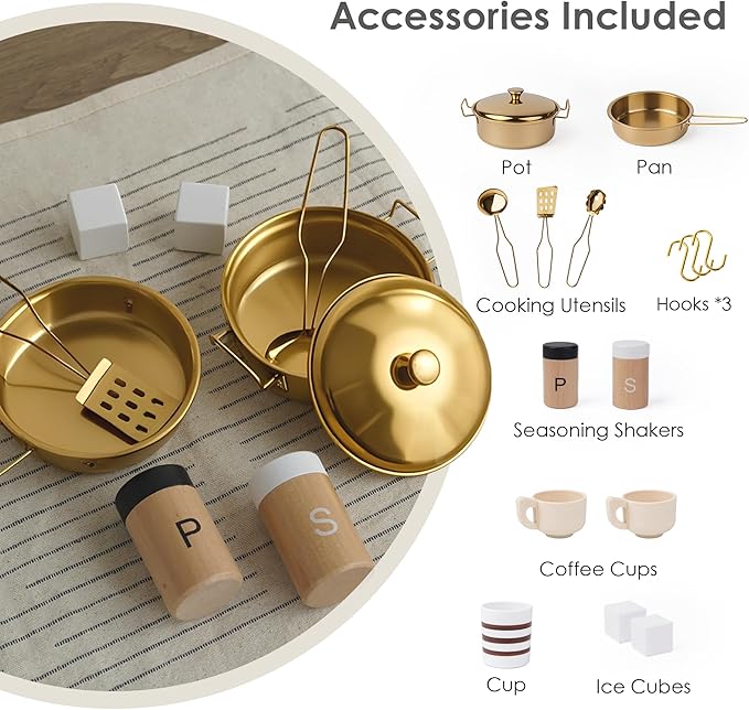 Wooden Play Kitchen for Kids – Pretend Play Kitchen Set with Realistic Stove, Sink, Coffee Maker, Ice Maker & 15 Fun Accessories, Toy Kitchen for Toddlers Ages 3+