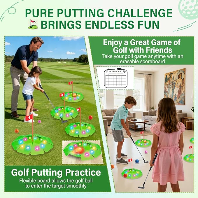 Light Up Golf Play Set - Upgraded Kids Toy Golf Putting Game Set with 6 LED Targets, 2 Clubs, 6 Balls (2 Glow), Night Golf Toys Gifts for Kids Golfers Family Indoor Outdoor Beach Lawn Park