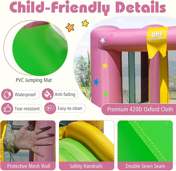 BOUNTECH Inflatable Bounce House, Bouncy House for Kids 3-12 Indoor Outdoor w/480W Blower, Jumping Area, Slide, Basketball Game, Mini Bounce House for Toddler Boys Girls Birthday Party Backyard Gifts