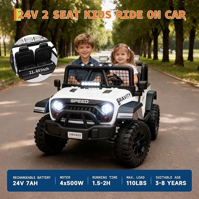 24V Ride on Car for Kids, 2 Seater Electric Truck with Parent Remote Control, Spring Suspension, 2 Speeds, LED Headlight & Music Player, Kids Electric Vehicle for Aged 3-8 Years, White
