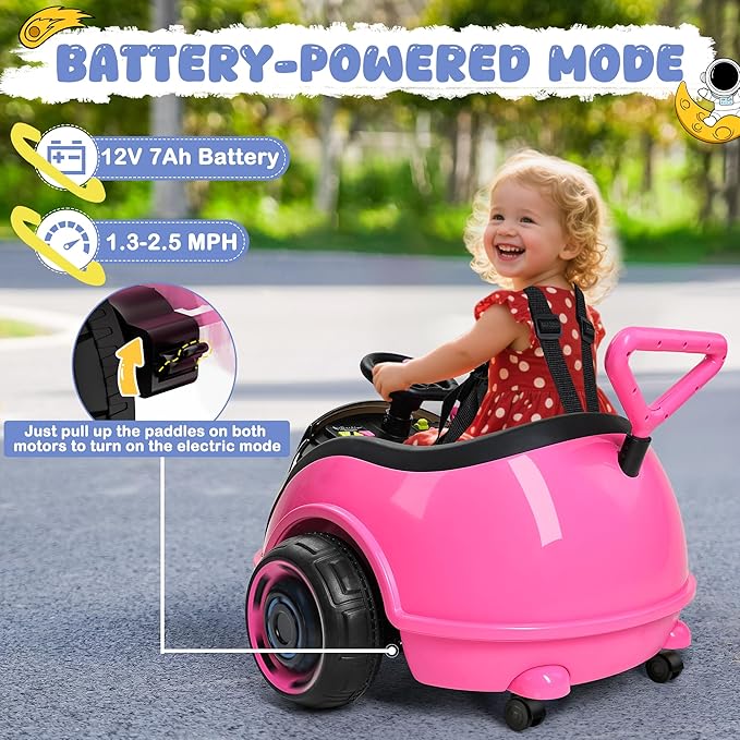 ANPABO 3-in-1 Electric Push Ride On Car, 12V Kids Ride On Toy w/Remote Control, 360° Spin, LED Display, Colorful LED Light, 5-Point Safety Belt, Music Player, Push Car for Toddler Ages 1-3 (Pink)