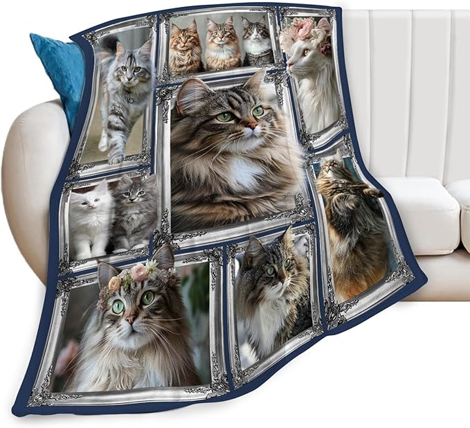Maine Coon Cat Blanket Cute Kitten Throw Blankets Gifts for Girls Boys Kids Cat Lover Soft Cozy Fleece Plush for Couch Sofa Bed 60"x50"