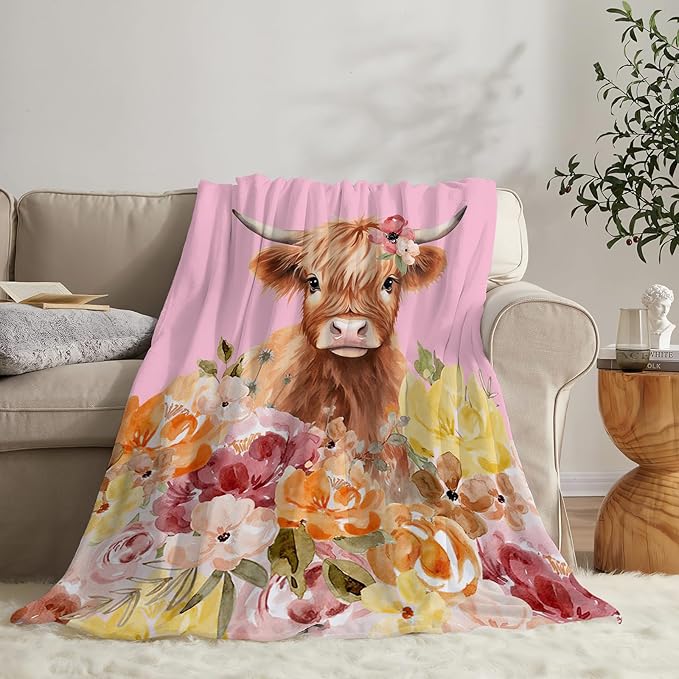 Highland Cow Blanket Ultra Soft Cozy Longhorn Cow Throw Blanket Fleece Fuzzy Plush Bedding Cow Lovers Gifts for Women Girls Kids Adults 60"x50"