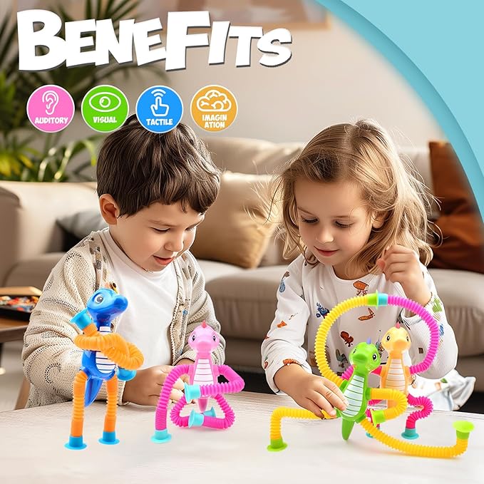 4Pcs Telescopic Suction Cup Dinosaur Toys,Sensory Toys for Kids 3-5 5-7,Toddler Toy,Fidget Toy,Toddler Travel Essential for Airplane,Pop Tubes, Christmas Stocking for Kids Boys Girls B