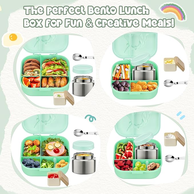 Kids Lunch Box Set -12oz Insulated Food Jar, Thermal Bag,Leakproof Lunch Food Containers Cutlery (BPA Free)-Gift for Girls/Boys Age 3-10(Green-Gradient)