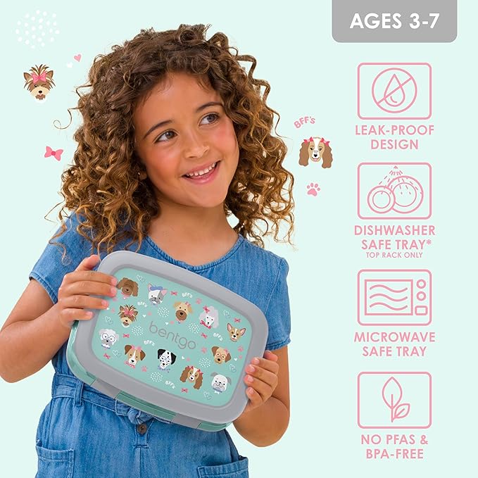 Bentgo Kids Prints Leak-Proof, 5-Compartment Bento-Style Kids Lunch Box - Ideal Portion Sizes for Ages 3-7, Durable, Drop-Proof, Dishwasher Safe, & PFAS & BPA-Free Materials (Puppy Love)