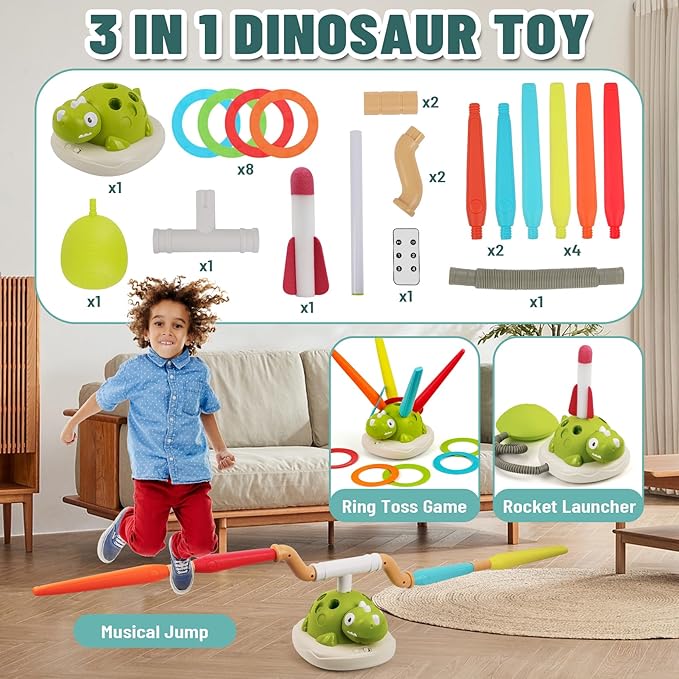 3-in-1 Dinosaur Rocket Launcher, Ring Toss & Musical Jumping Toy for Kids Aged 3-8, Remote Control Outdoor & Indoor Toys for Boys and Girls, Birthday Gift for Boys & Girls Ages 4-8