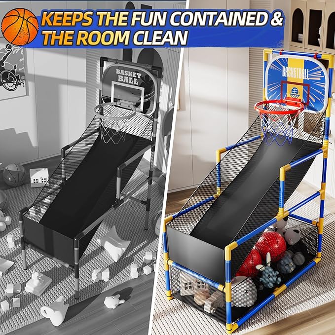Arcade Basketball Game Indoor, Kids Ajustable Basketball Hoop, Outdoor Carnival Sports Play Toy with 4 Balls and Air Pump, Educational Birthday Gift for Boys Girls 3 4 5 6 7 8 Year Old (Blue)