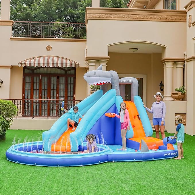 INFLATEBLE Waterslide Bounce House, Shark Blow-up Bouncer Toddlers Water Park Kids Bouncy Castle for Wet and Dry