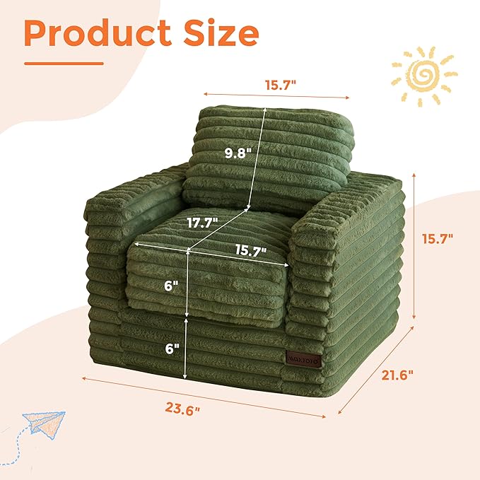 MAXYOYO Kids Bean Bag Chair, Comfy Faux Fur Bean Bag Sofa with Filler, Upholstered Floor Sofa with Pillows and Armrests, Lazy Floor Chair Couch for Boys and Girls, Green