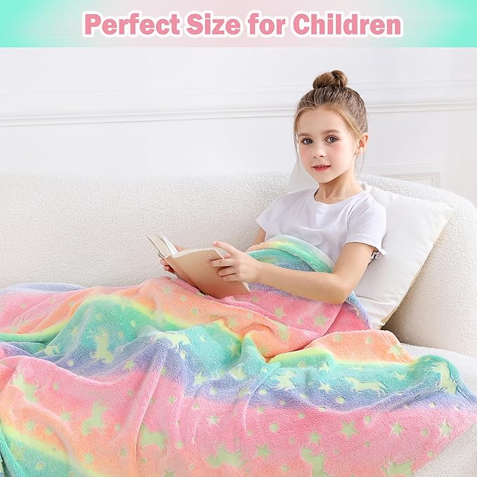 Softan Kids Unicorns Throw Blanket Glow in The Dark, Kids Blanket Gifts for Girls & Boys, Soft Cozy Flannel Luminous Unicorns Blanket for Sofa Couch Bed, Christmas Birthday Gift, 30x40IN