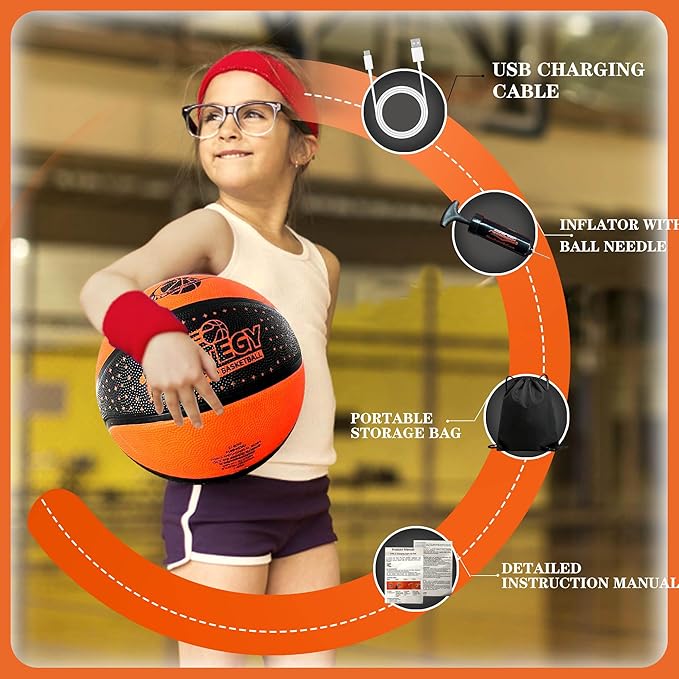 Glow in The Dark Basketball - Water-Resistant, Size 7, Impact Activated, Includes Pump, Manual, Pre-Installed Batteries & 10 Extra Batteries - Light Up Basketball - Orange