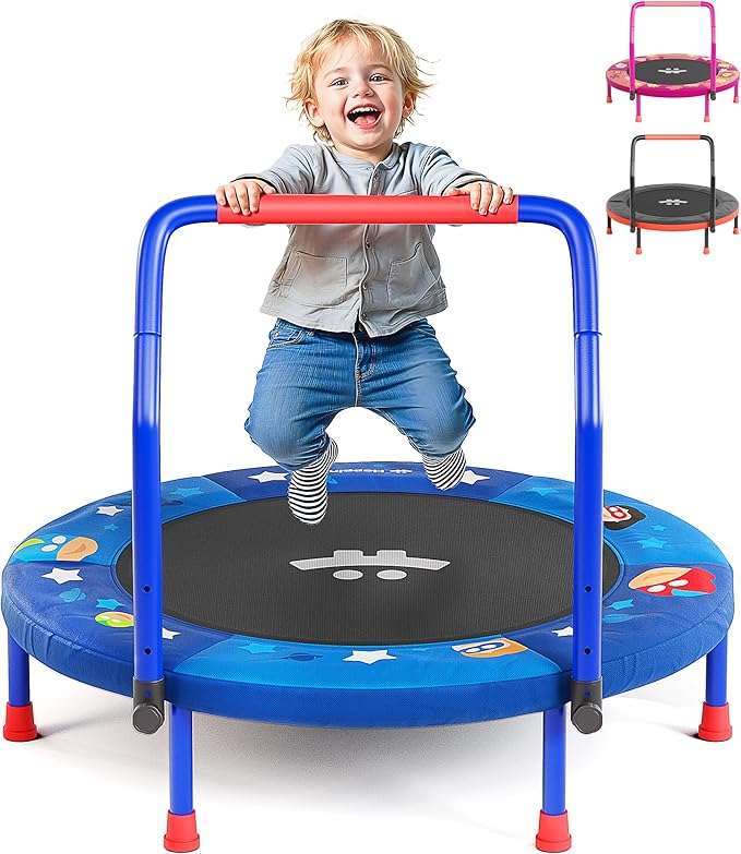 Happin® 36" Mini Foldable Toddler Trampoline for Kids with Height-Adjustable Handle, Noise-Free Kids Trampoline Indoor with Super Safety Pad & Durable Steel Frame, Indoor/Outdoor