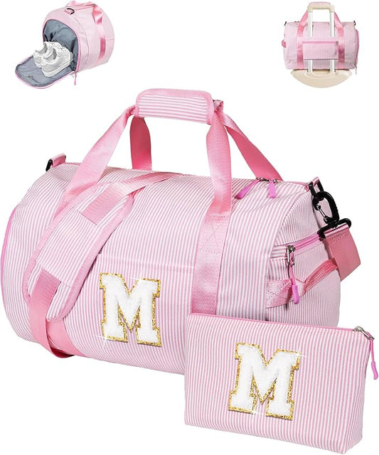 Stocking Stuffers-Gift for Teenager, Girls Travel Duffle Bag, Kids Initial Overnight Bags with Shoe Compartment, Weekender Bag with Makeup Pouch, Teen Girl Gifts Trendy Stuff (Letter M)