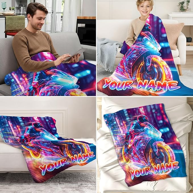 Personalized Kids Boys Blanket for Motorcycle Lovers - Warm Throw Adult Blanket Gift for Bed, Couch, Room