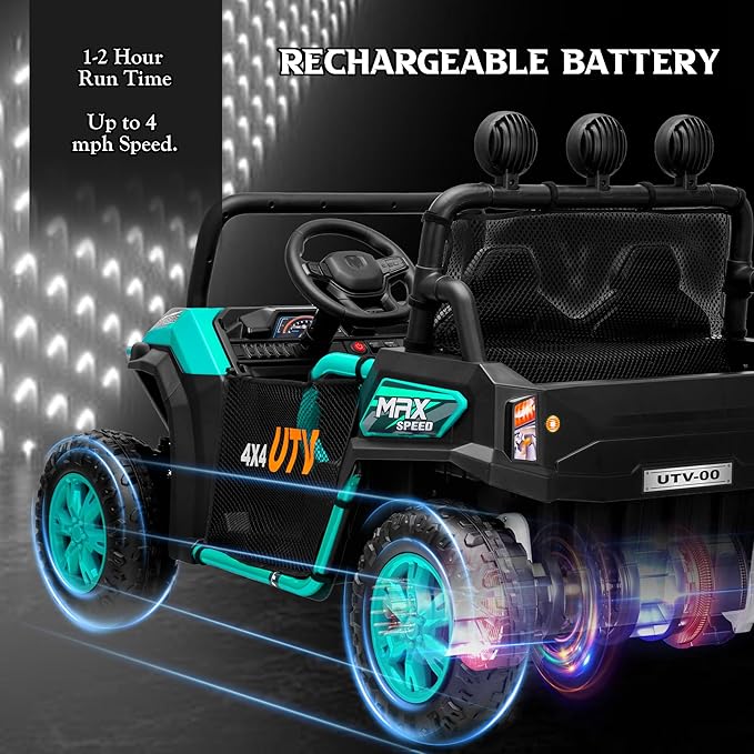 24V 2 Seater Ride on UTV Car, 4WD Ride on Toys for Kids with Remote Control, Shock Absorbers, LED Lights, Music, Off-Road Electric Car for Kids Boys Girls (Green)