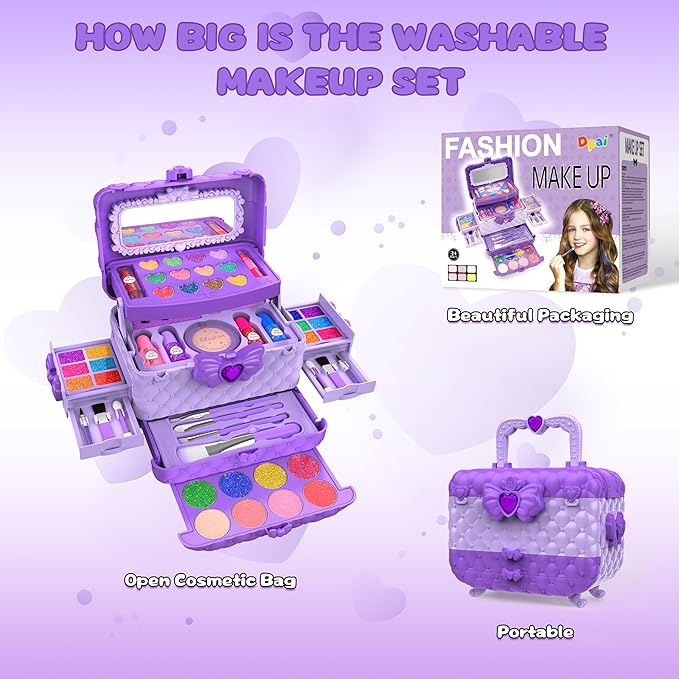 54 Pcs Kids Makeup Kit for Girls, Princess Real Washable Pretend Play Cosmetic Set Toys with Mirror, Birthday Gifts for 3 4 5 6 7 8 9 10 Years Old Girls Kids (Purple)