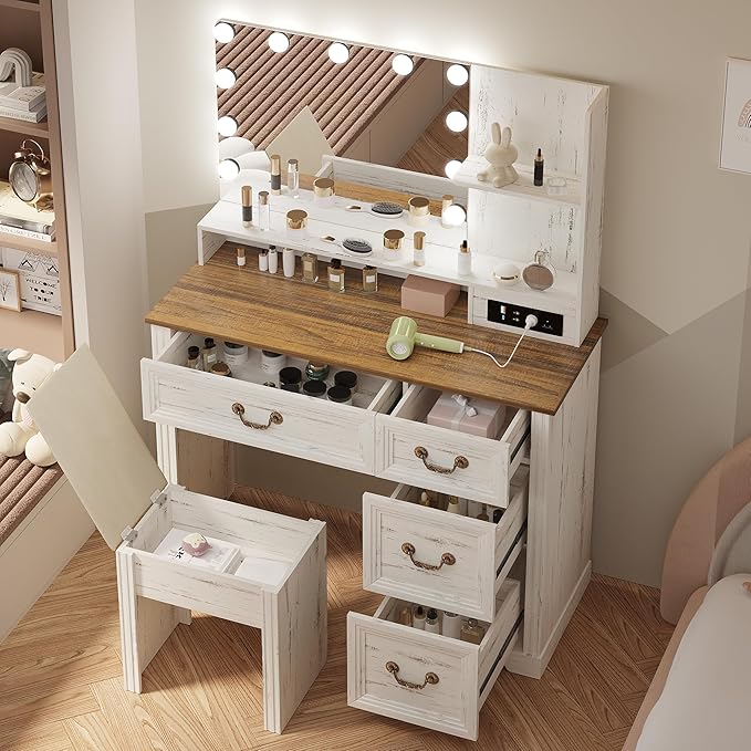 Farmhouse Vanity Desk with Lighted Mirror & Power Outlet, 39 inch Rustic Makeup Vanity Table with Drawers and Stool, Hollywood Mirror with Lights, White Dressing Table for Women Girls Gifts
