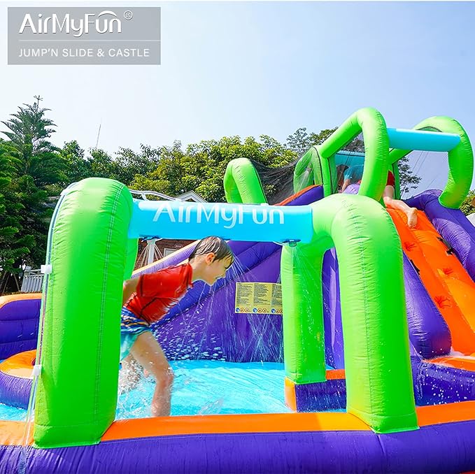 AirMyFun Water Slide InflatableBounce House for Kids with Blower. Family Backyard Bouncy Castle with Fun Doorway Tunnel, Climbing Wall,Long Safe Return Curved Slide and Ball Shooting