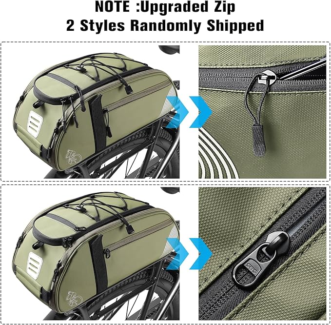 Rear Bike Rack Bag Waterproof Bike Bags with Reflector, Rain Cover & Shoulder Strap for Commuter Travel Outdoor, Green