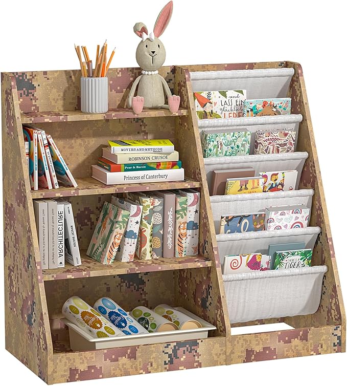 4 Tier Kids Bookshelf Wooden, Five Layer Sling Children Bookcase, Baby Toddler Storage Book Rack, Book and Toy Organizer Cabinet Chest, Book Display Shelf Stand, Playroom Nursery Classroom Library