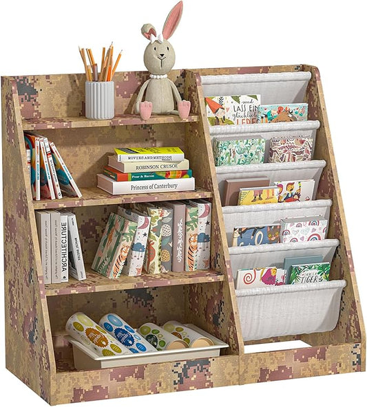 4 Tier Kids Bookshelf Wooden, Five Layer Sling Children Bookcase, Baby Toddler Storage Book Rack, Book and Toy Organizer Cabinet Chest, Book Display Shelf Stand, Playroom Nursery Classroom Library