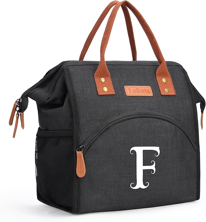 Personalized Lunch Box for Women, Initial Reusable Insulated Lunch Bag, Wide-Open Adult Lunchbox Cooler Lunchbag, Leakproof Lunch Tote for Picnic Work Outdoors, Christmas Gift for Women, Black - F