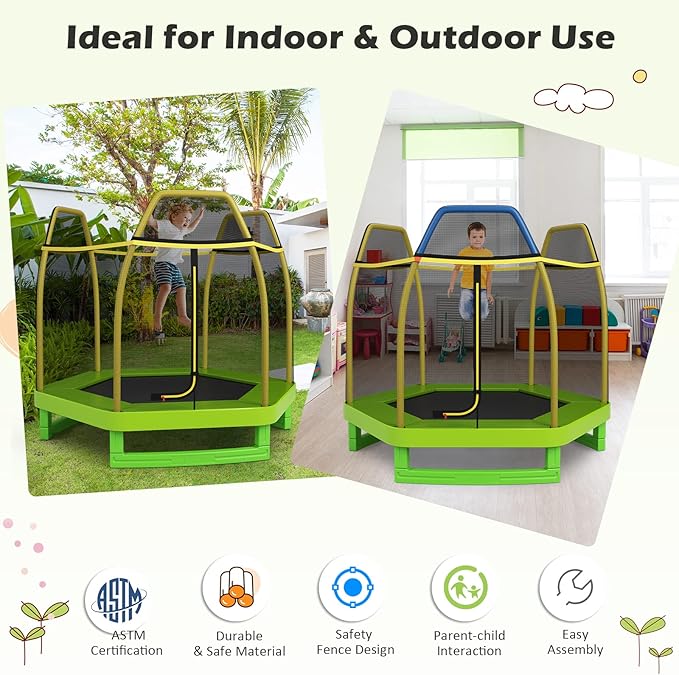 GYMAX Trampoline for Kids, 7FT Toddler Trampoline with Safety Enclosure Net & Seamless Spring Pad, Heavy Duty Small Indoor/Outdoor Trampoline for Boys, Girls Age 3+