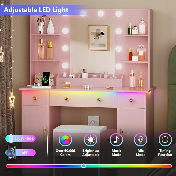 Vanity Desk with Mirror and Lights,Pink Makeup Vanity with Charging Station & Vanity Stool, 3 Drawers and Cabinets White Vanity Mirror with RGB LED Lights Vanity Desk and Chair for Women