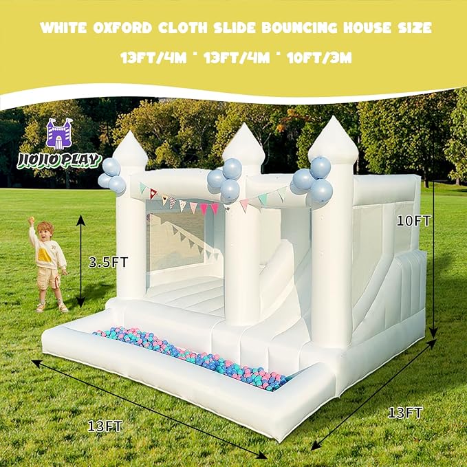 13FTx13FT Oxford White Inflatable Bounce House Big Castle with Ball Pit and Slide Bounce House for Kids 3-12 Indoor and Outdoor Bouncing Castles with Hair Dryers Birthday Parties Wedding Decorations