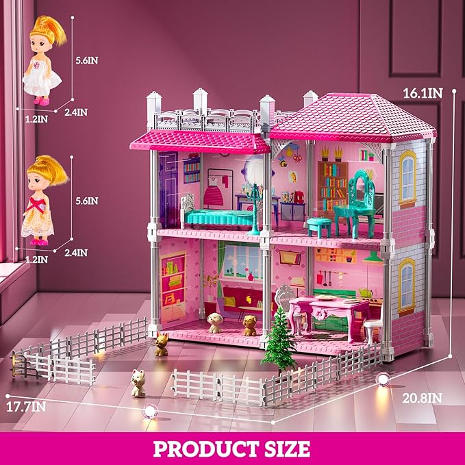 Pink Villa Playset for Girls Ages 3-7, 2-Story 4 Room House with 2 Dolls, Furniture and Accessories, Indoor Playset Girls Toys for Ages 6-8, Pretend Toddler Toy, Birthday Gifts for Kids 4-8