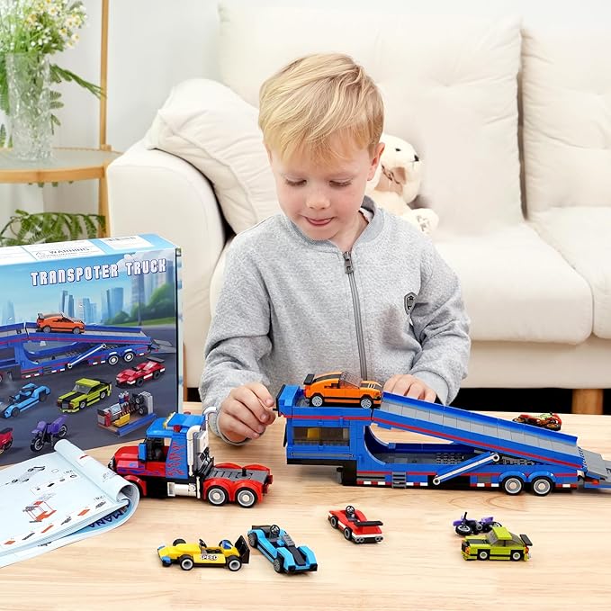 City Transporter Truck Building Set with 7 Sports Cars - Adjustable Loading Ramp Tow Semi Truck with Carrier & Trailer Building Toy Pretend Play Birthday Gifts for Kids Boys Girls Aged 8-14