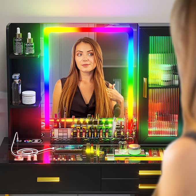 HENBC Vanity with Mirror and LED Lights, Glass Top Vanity Desk with Charging Station(Wireless+USB+Type-C), RGB Makeup Table Set with Stool/Makeup Organizer/6 Drawers (Black)