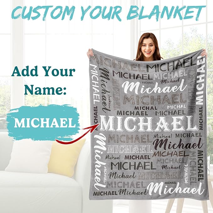 Ship Next Day, Personalized Baby Blanket with Name - Printed in USA, Custom Name Blanket for Boys Girls Kids, Customized Flannel Blankets Gifts for Teen Shower Toddlers Christmas Brithday